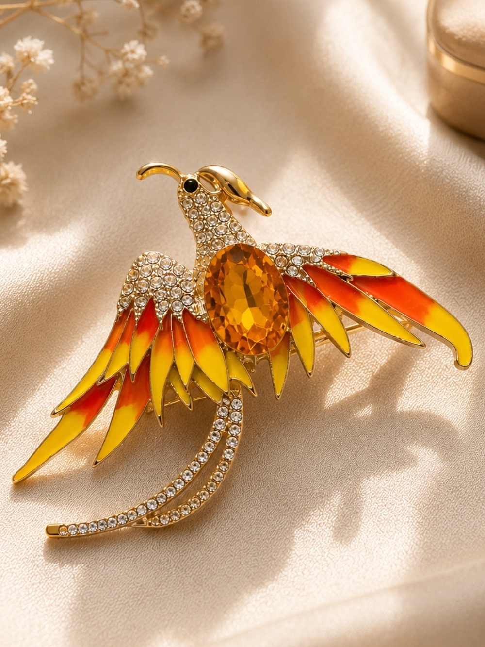 Golden Phoenix Bird Brooch with Amber Crystal and Enamel Wings